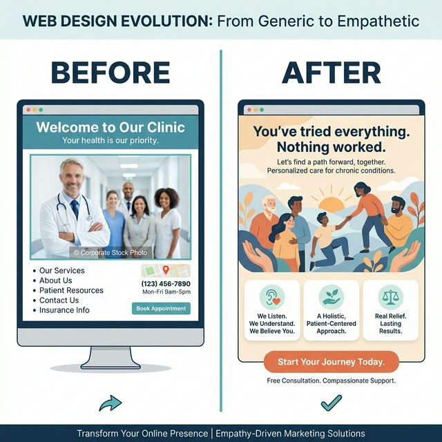 Before and after comparison of empathy-first clinic website design