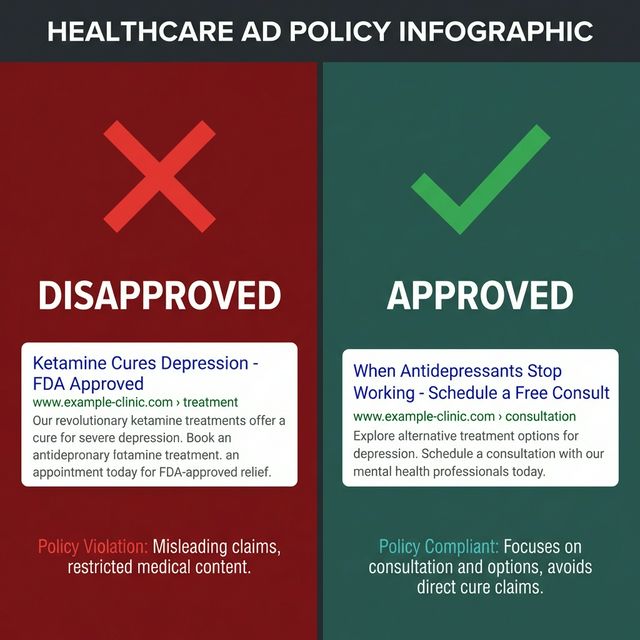 Side-by-side comparison of a high-converting ketamine clinic Google Ad versus a disapproved ad with cure claims