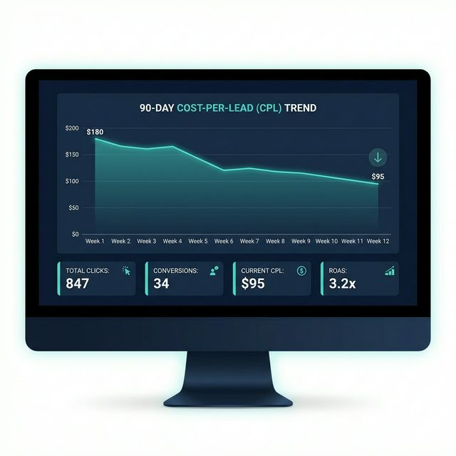 Analytics dashboard showing Google Ads performance metrics for a mental health clinic: CPL trending down over 90 days