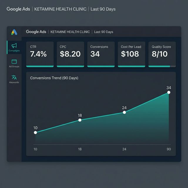 Google Ads campaign dashboard showing healthcare-specific metrics for a ketamine clinic