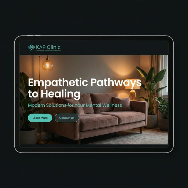 Mockup of an empathetic website design for a KAP clinic showing a warm, comfortable therapy space