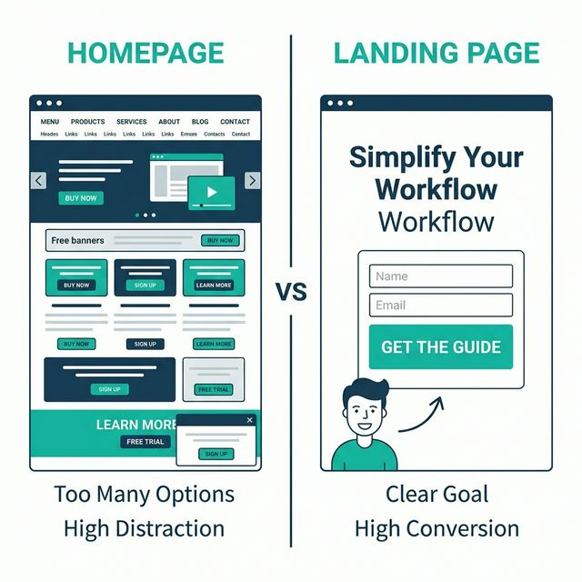 Comparison of cluttered homepage vs focused landing page for ketamine clinic ads
