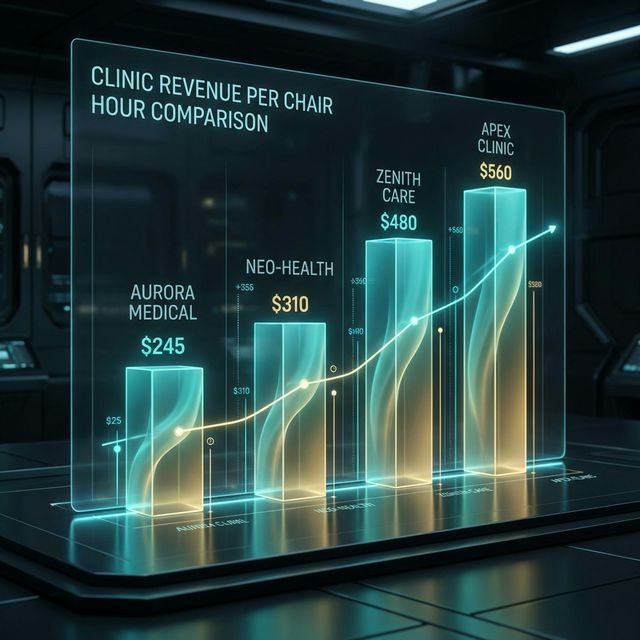 A futuristic glowing bar chart showing revenue per chair hour comparison