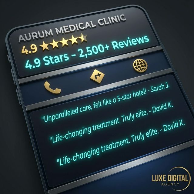 A modern, dark mode UI mockup of a Google Business Profile for a medical clinic