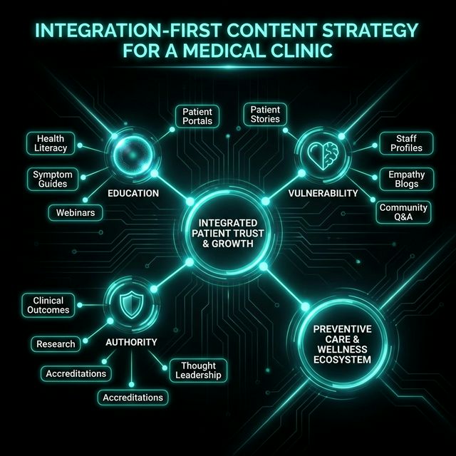 Flowchart mapping an Integration-First content strategy for a medical clinic