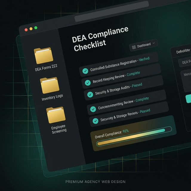 A sleek, modern dark mode UI showing a DEA compliance checklist