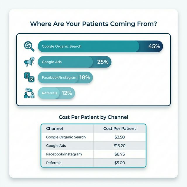Patient attribution dashboard showing where patients come from by marketing channel
