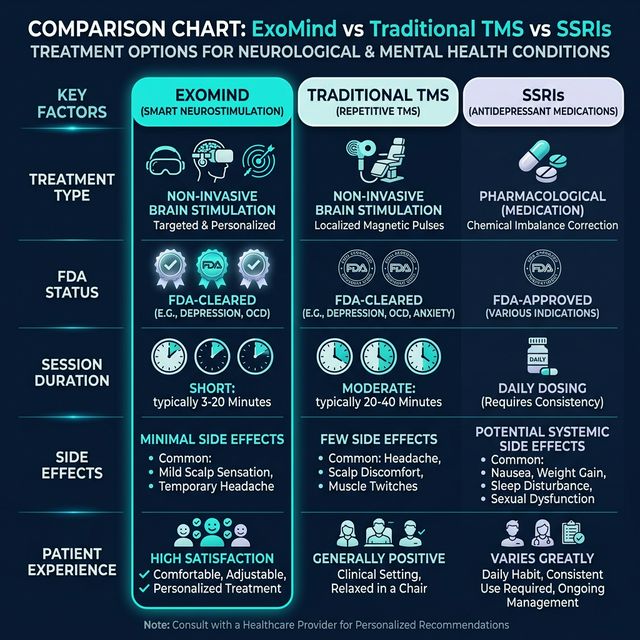 ExoMind versus traditional TMS versus SSRIs comparison chart